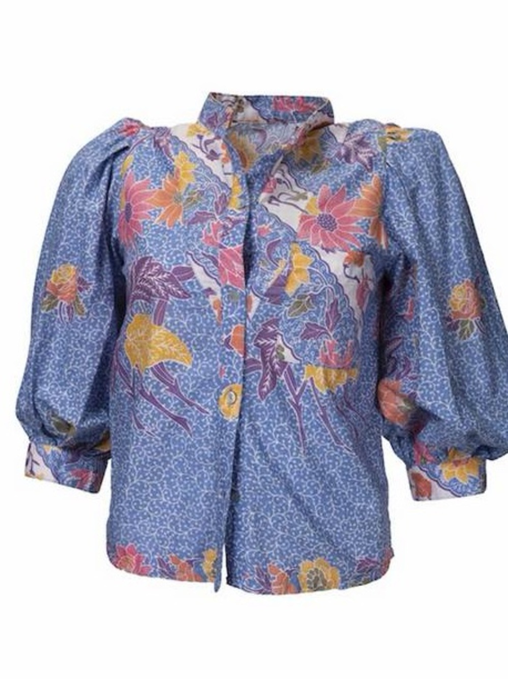 V.DE.VINSTER Floral Button Front Shirt blouse Blue Pink Boho Puff Sleeve Small